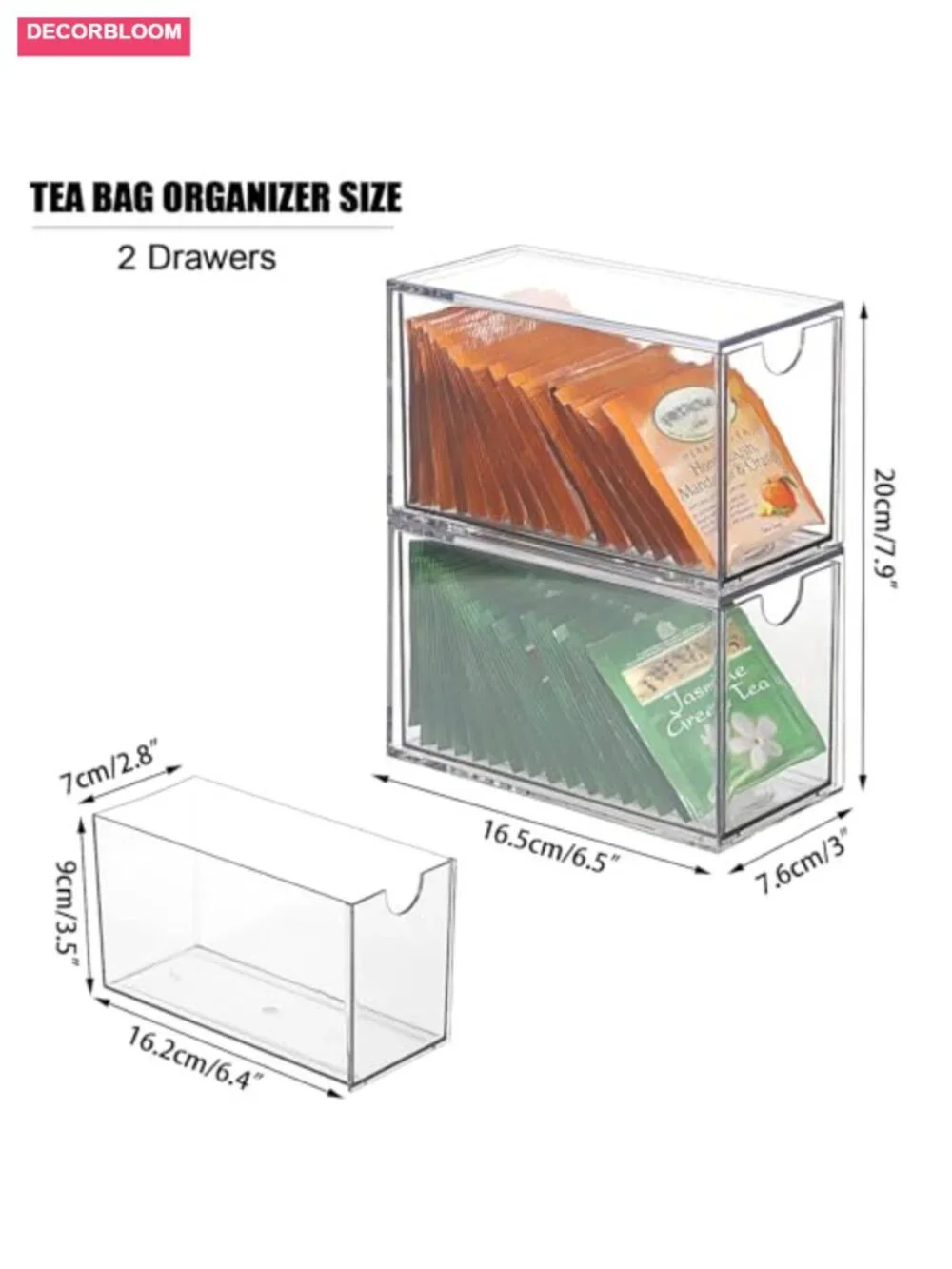 Acrylic Tea Bag Organizer Box with 2 Drawers, Stackable Storage for Coffee Pods